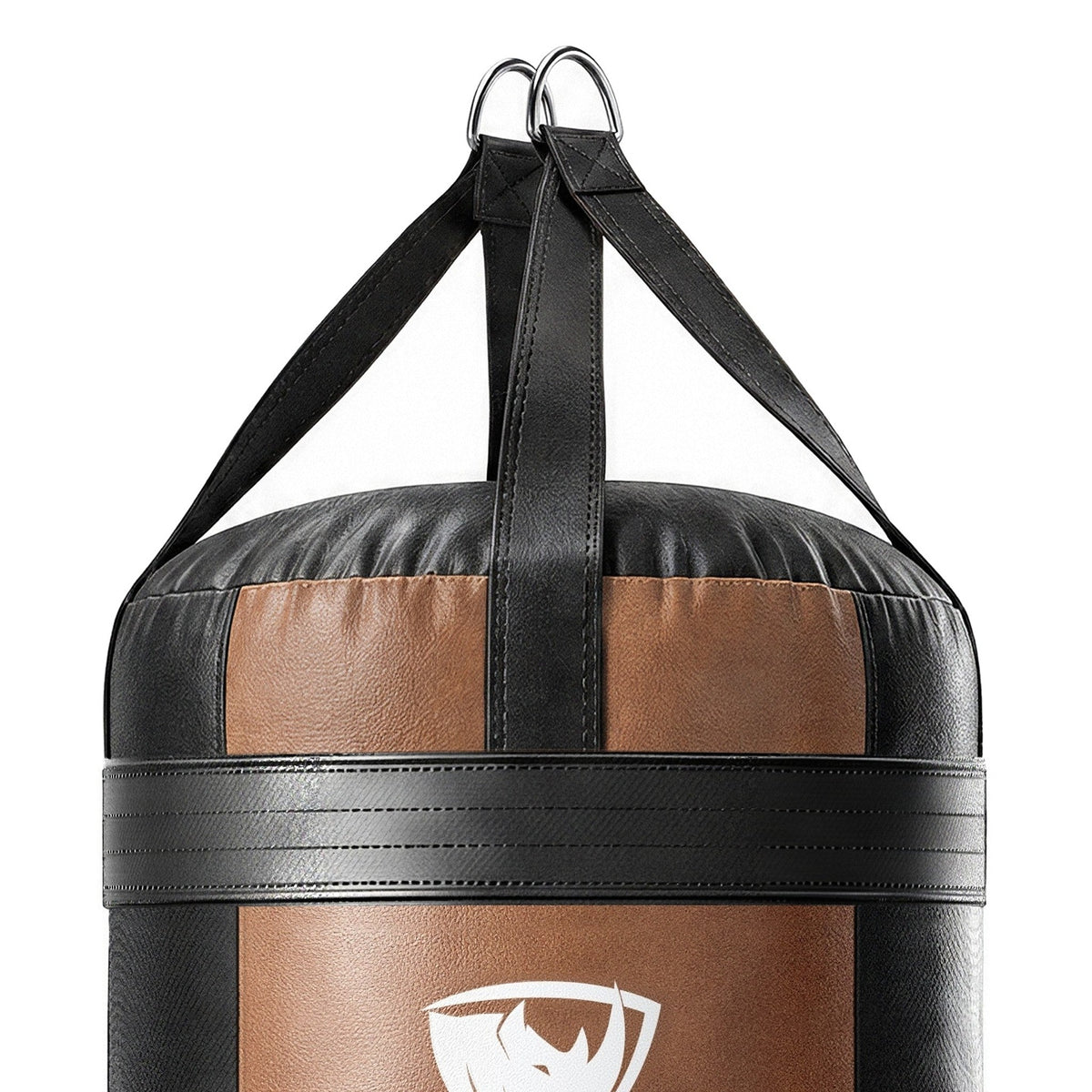Close-up of the 4 ft XL 150 lb heavy bag: four hanging straps, one per panel, box-X stitching and two heavy steel D-rings