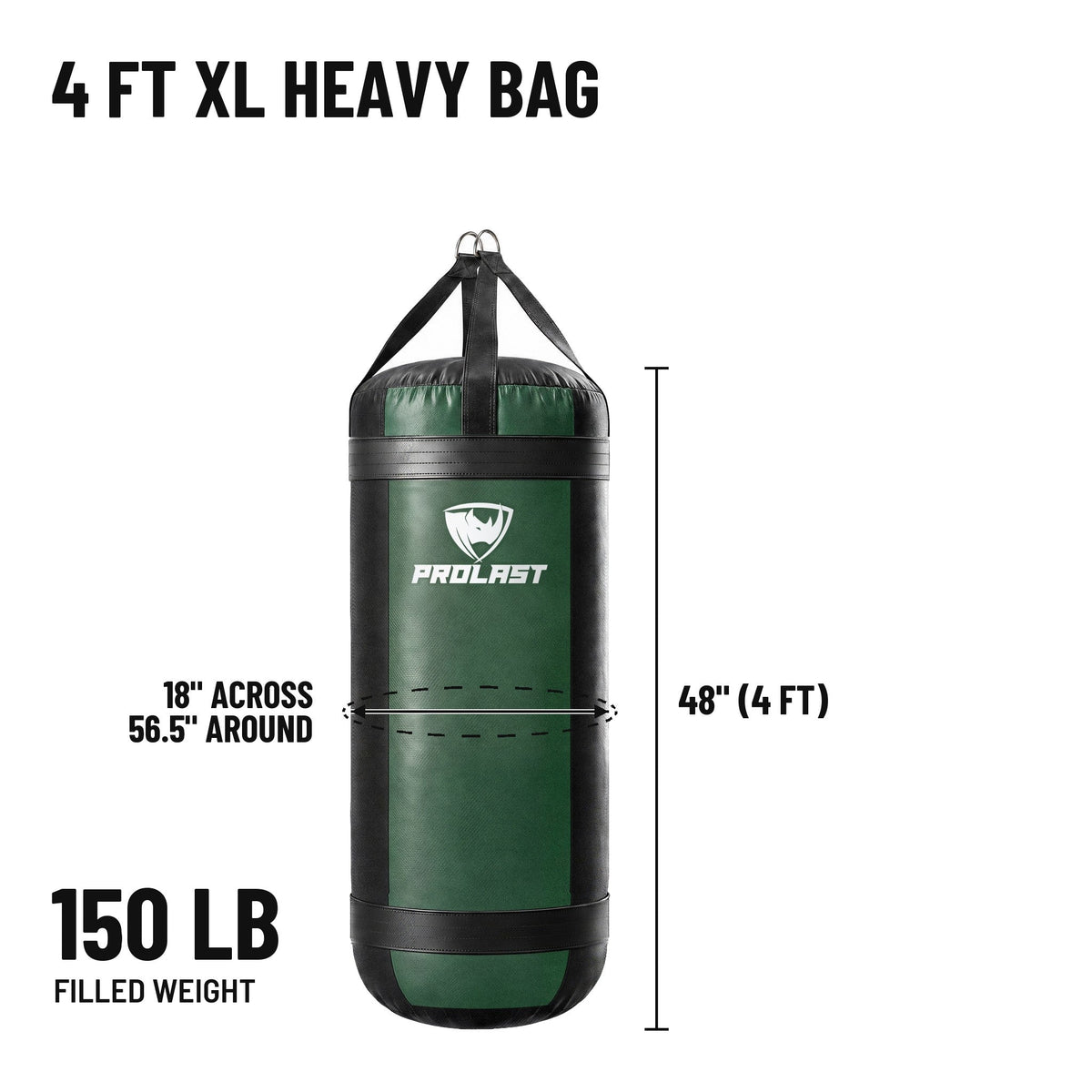 4 ft XL 150 lb heavy bag: 48 in body, 18 in across, 56.5 in around, 150 lb filled