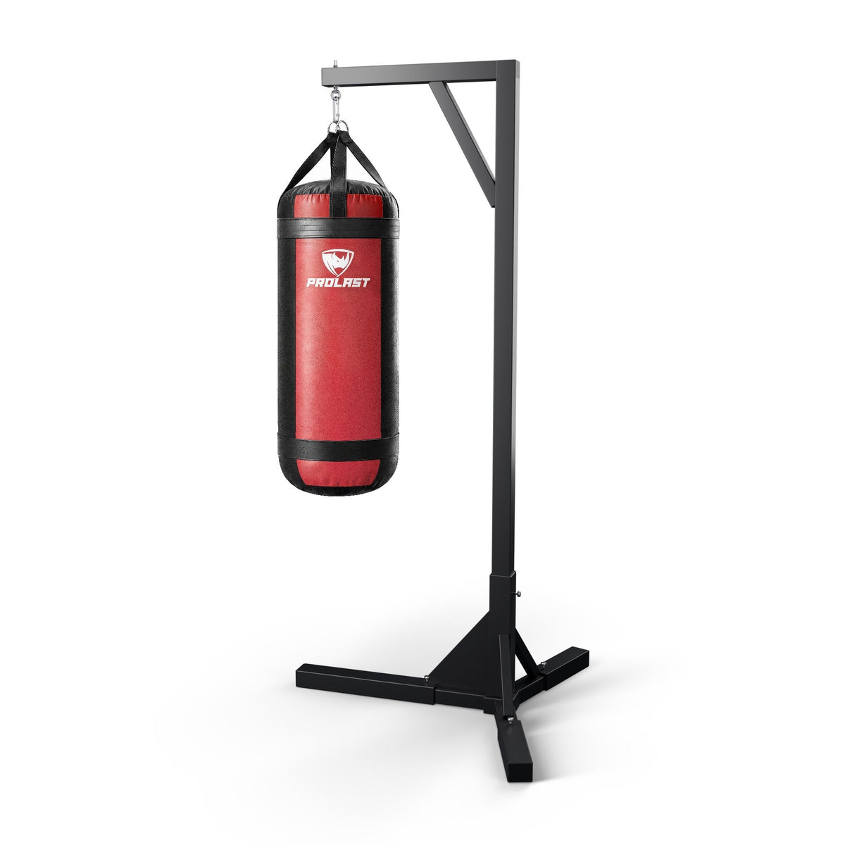 PROLAST 4 ft XL 150 lb stock heavy bag, red, hanging from a PROLAST single bag stand on a steel snap hook through its D-rings (stand sold separately)