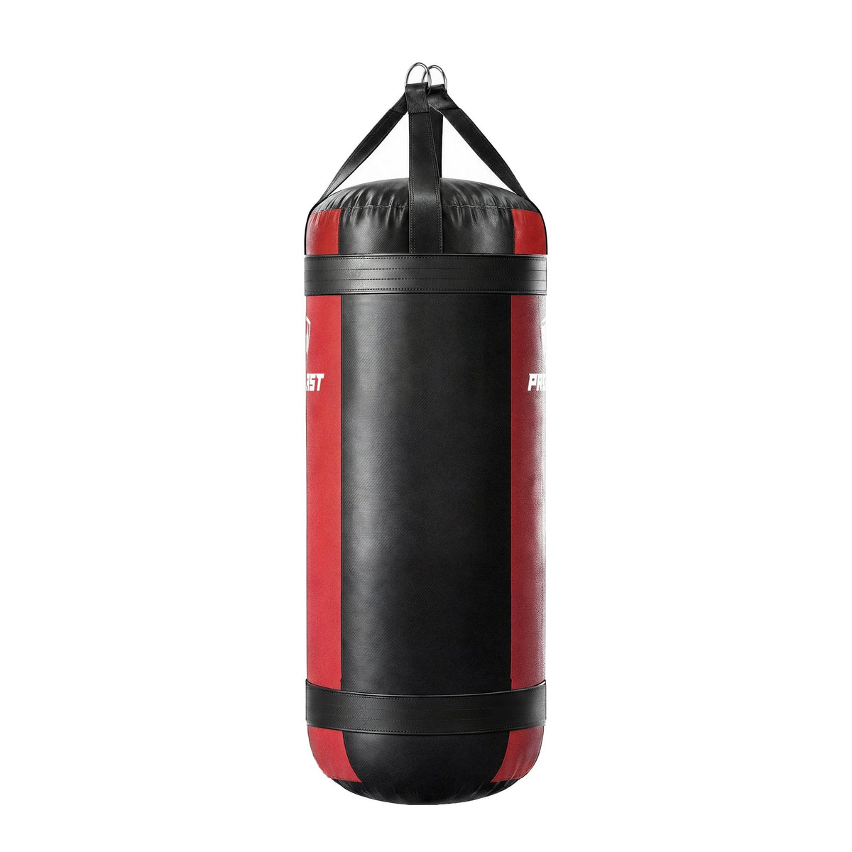 PROLAST 4 ft XL 150 lb stock heavy bag, red with black trims and straps, side panel view, 4-panel construction