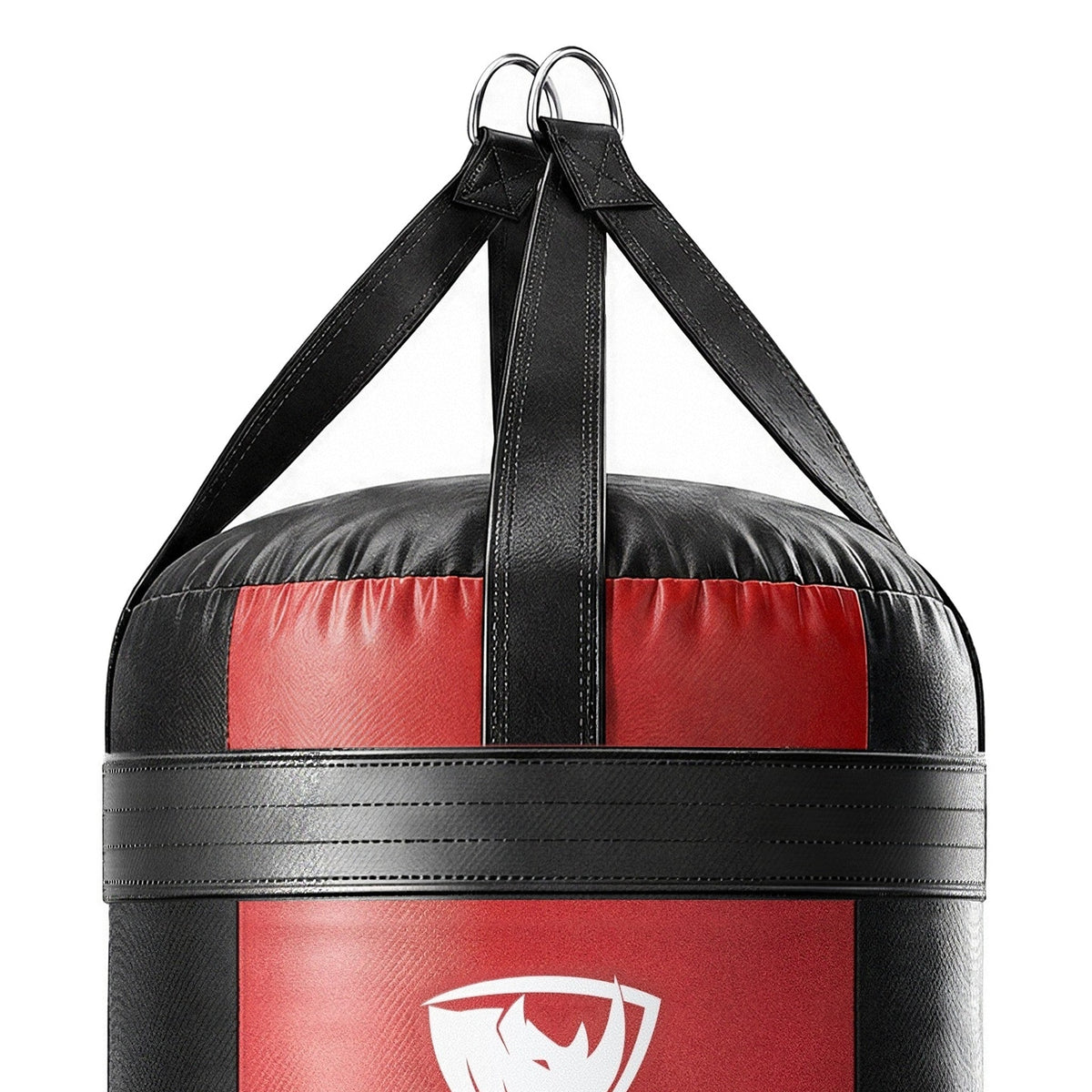 Close-up of the 4 ft XL 150 lb heavy bag: four hanging straps, one per panel, box-X stitching and two heavy steel D-rings
