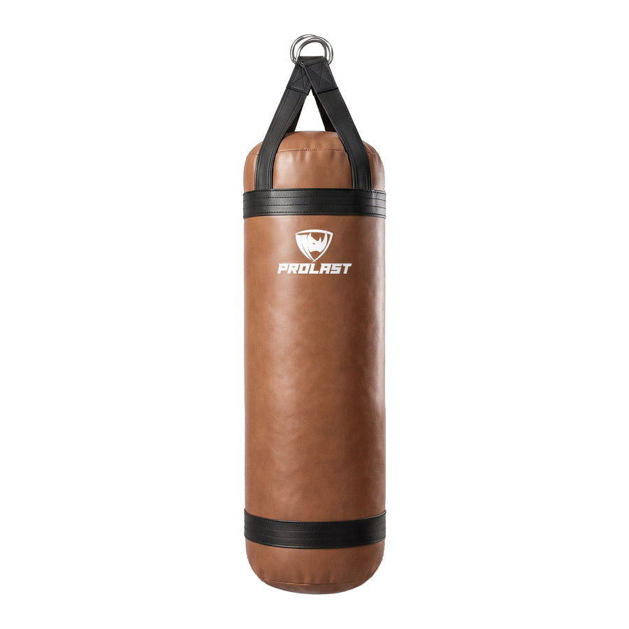 PROLAST 4 ft 80 lb stock heavy bag, brown with black trims and straps, front view with the PROLAST logo