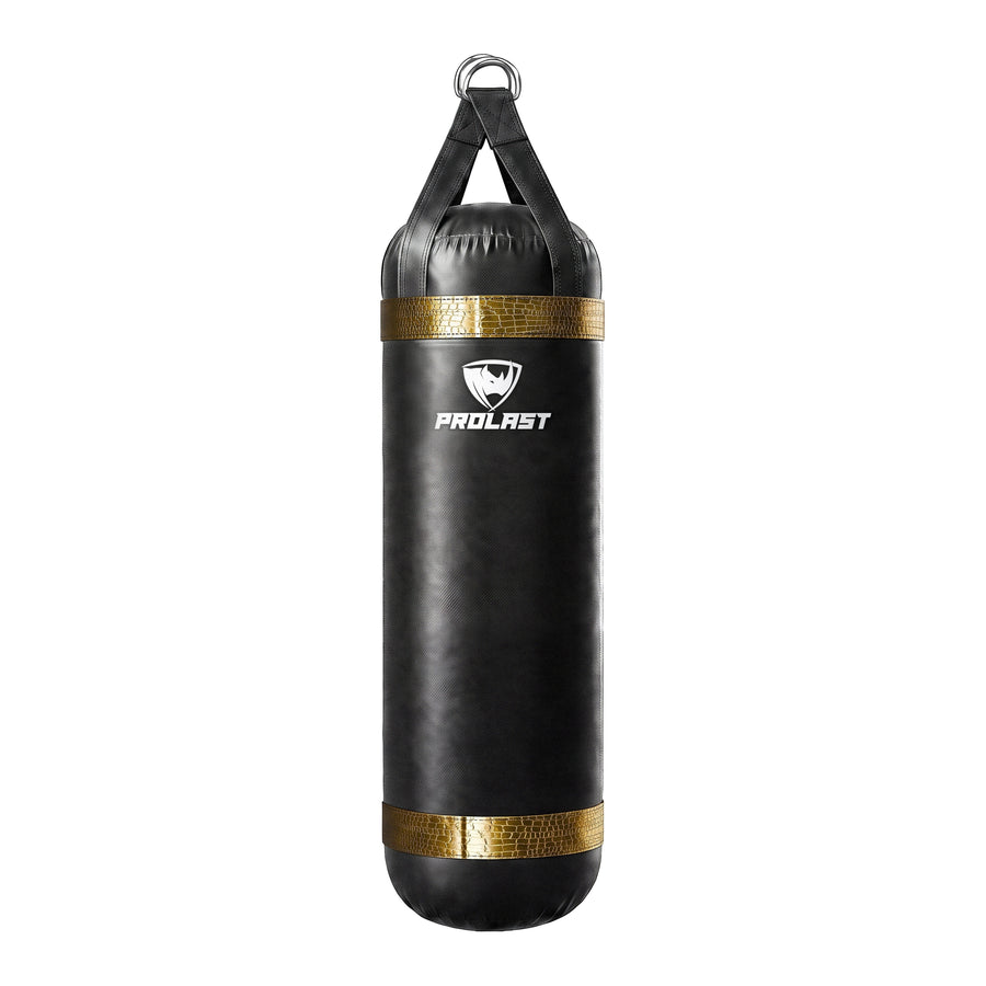 PROLAST 4 ft 80 lb stock heavy bag, black with gold alligator trims, front view with the PROLAST logo