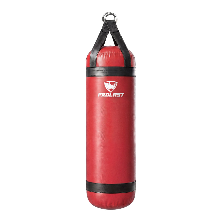PROLAST 4 ft 80 lb stock heavy bag, red with black trims and straps, front view with the PROLAST logo