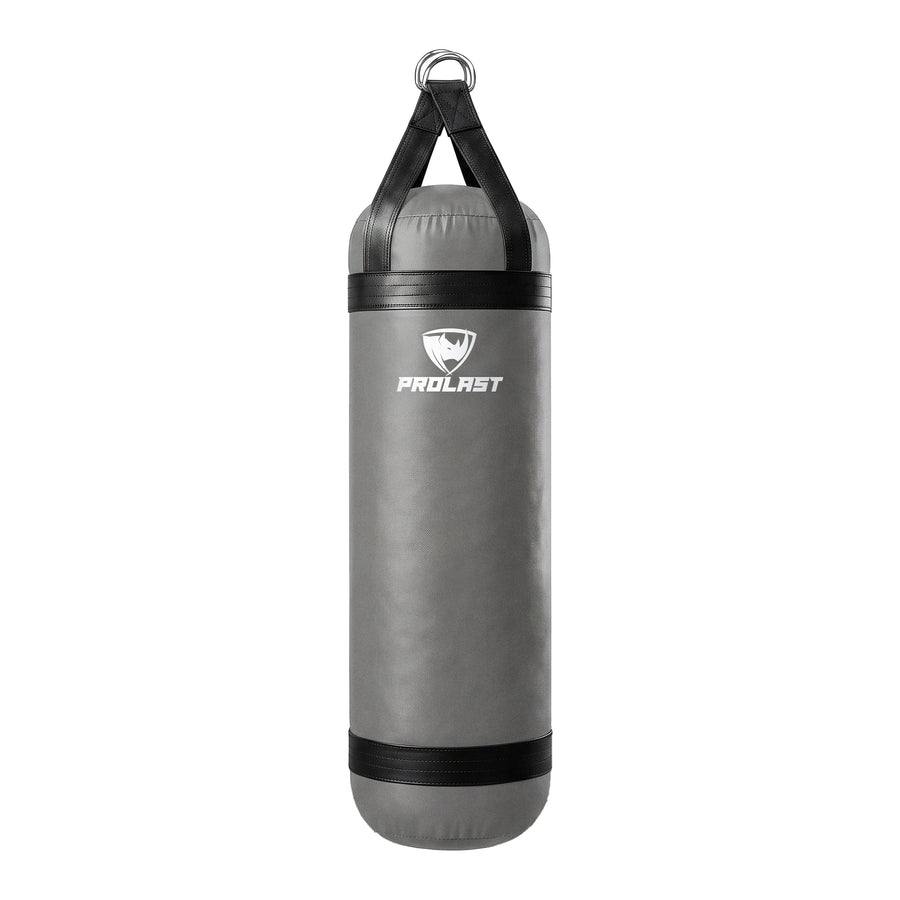 PROLAST 4 ft 80 lb stock heavy bag, smoke grey with black trims and straps, front view with the PROLAST logo