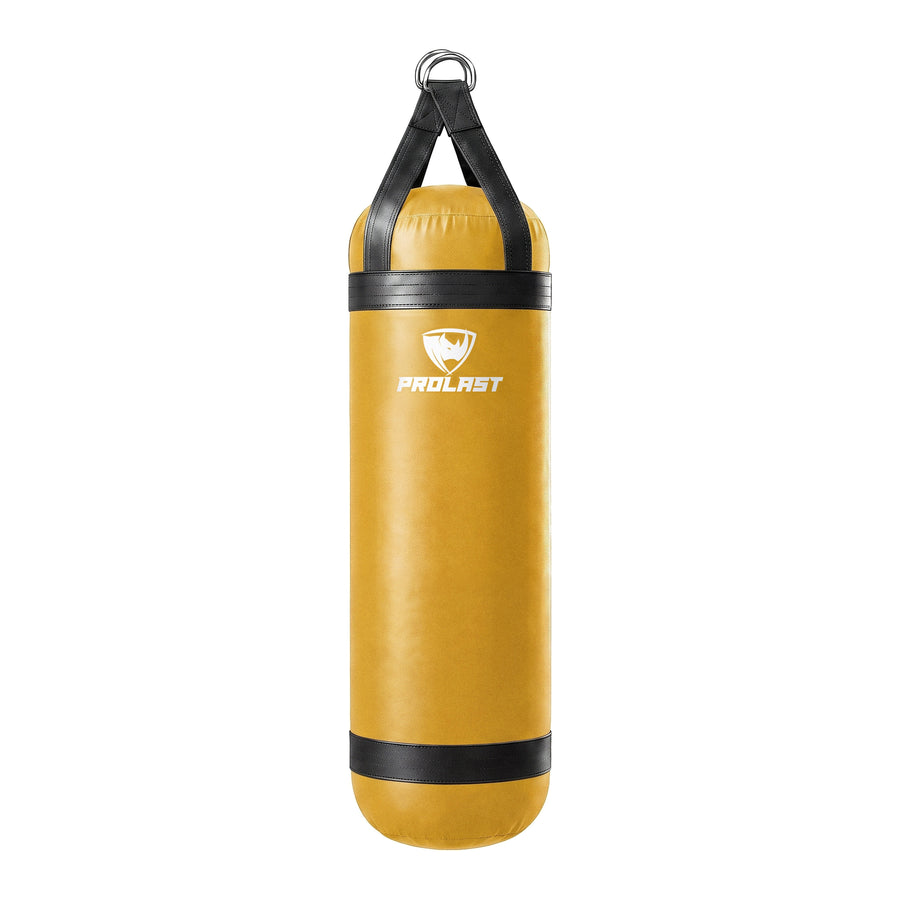 PROLAST 4 ft 80 lb stock heavy bag, yellow with black trims and straps, front view with the PROLAST logo