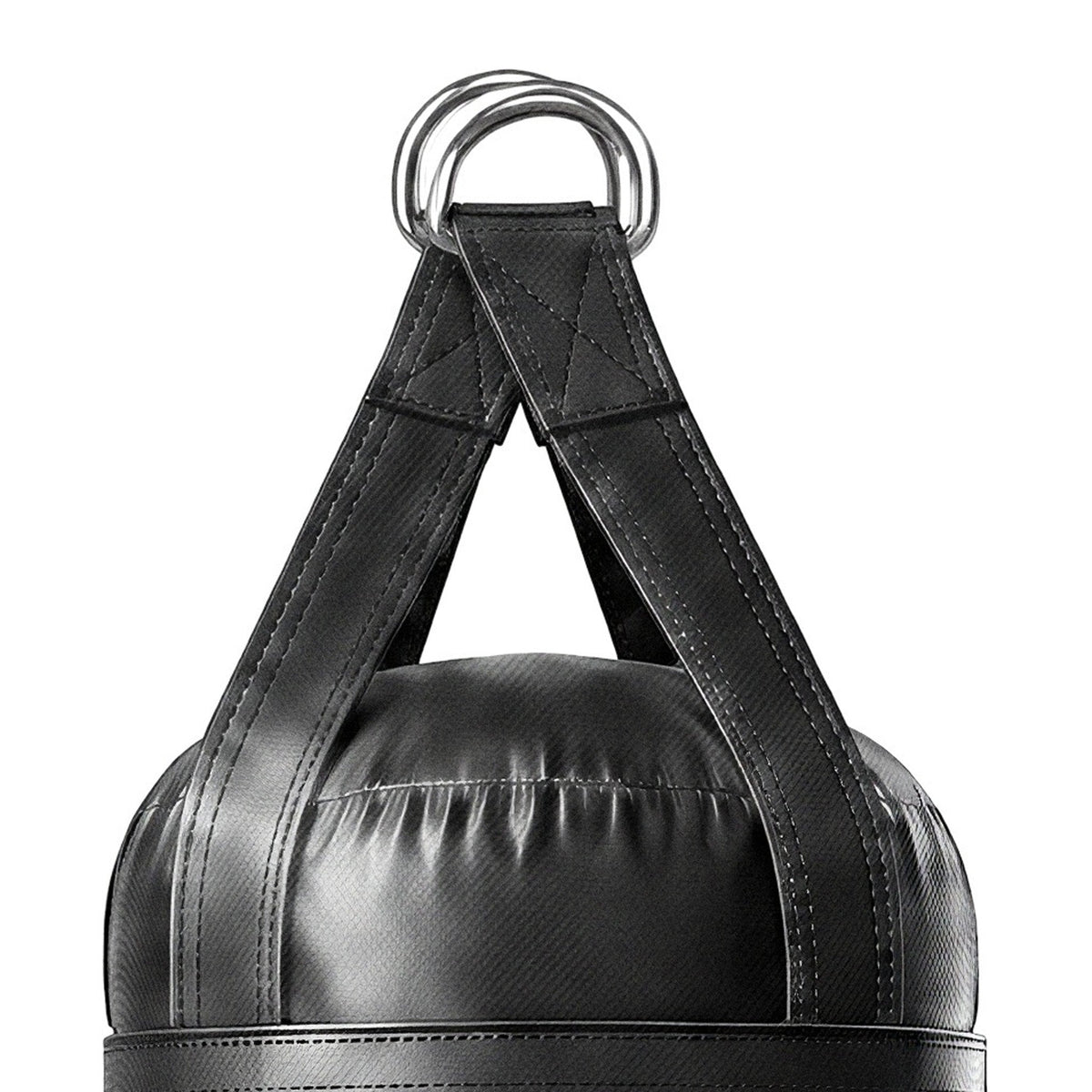 Close-up of the 5 ft 100 lb heavy bag: hanging straps box-X stitching and two heavy steel D-rings