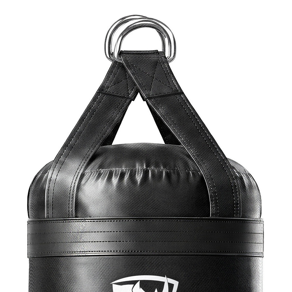 Close-up of the 5 ft XL 200 lb heavy bag: hanging straps box-X stitching and two heavy steel D-rings