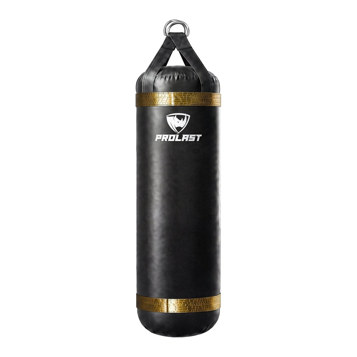 PROLAST 5 ft XL 200 lb stock heavy bag, black with gold alligator trims, front view with the PROLAST logo