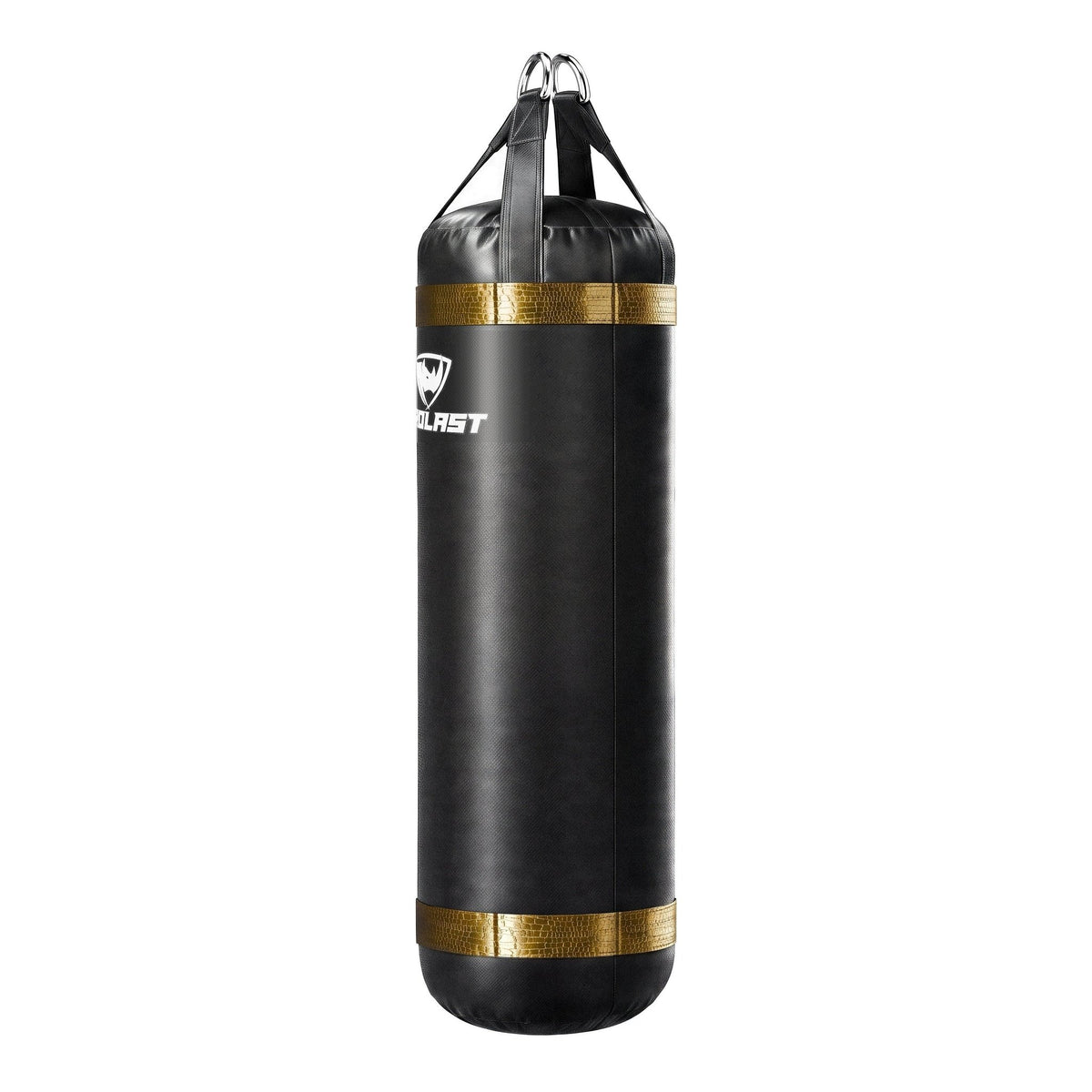 PROLAST 5 ft XL 200 lb stock heavy bag, black with gold alligator trims, side view