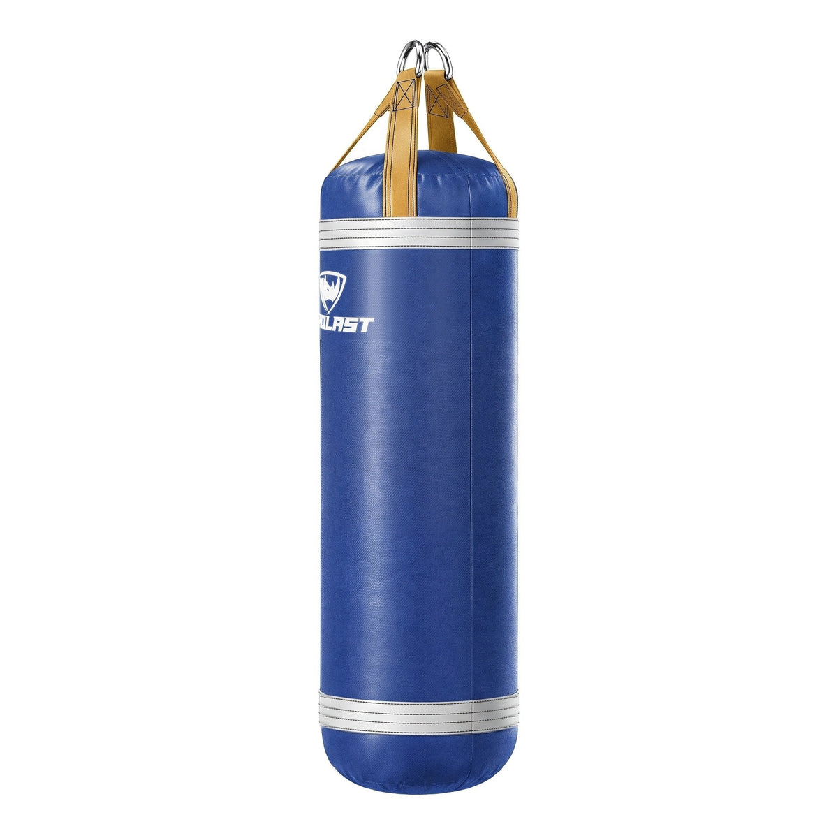 PROLAST 5 ft XL 200 lb stock heavy bag, royal blue with white trims and yellow straps, side view