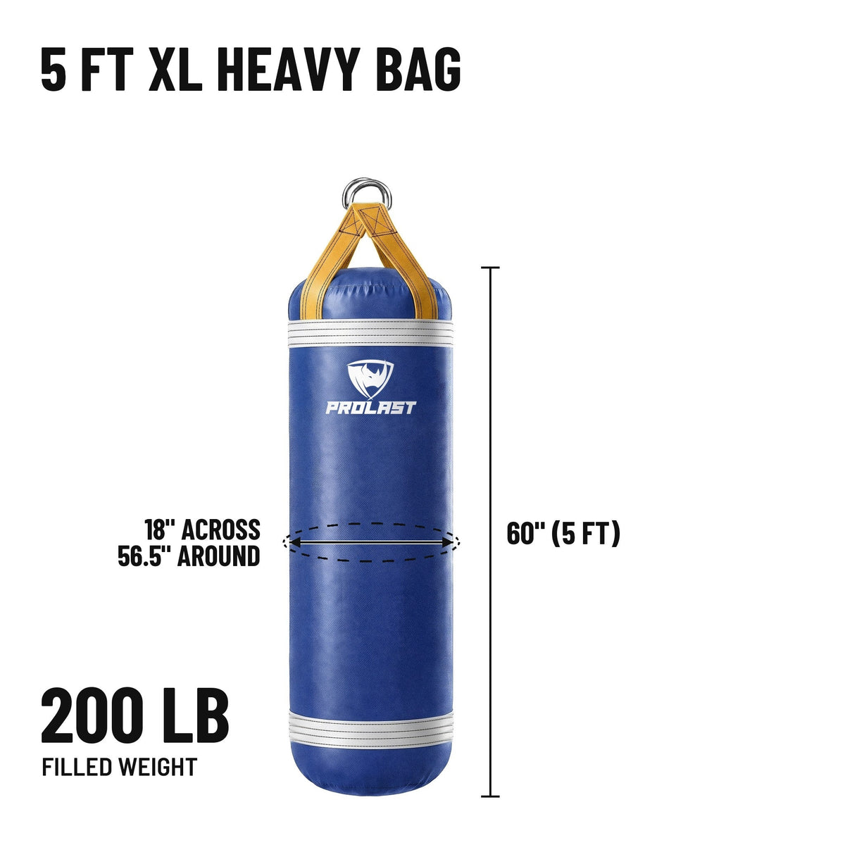 5 ft XL 200 lb heavy bag: 60 in body, 18 in across, 56.5 in around, 200 lb filled