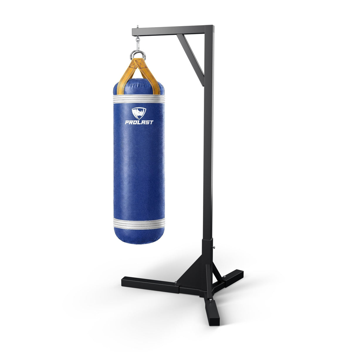 PROLAST 5 ft XL 200 lb stock heavy bag, royal blue with white trims and yellow straps, hanging from a PROLAST single bag stand on a steel snap hook through its D-rings (stand sold separately)