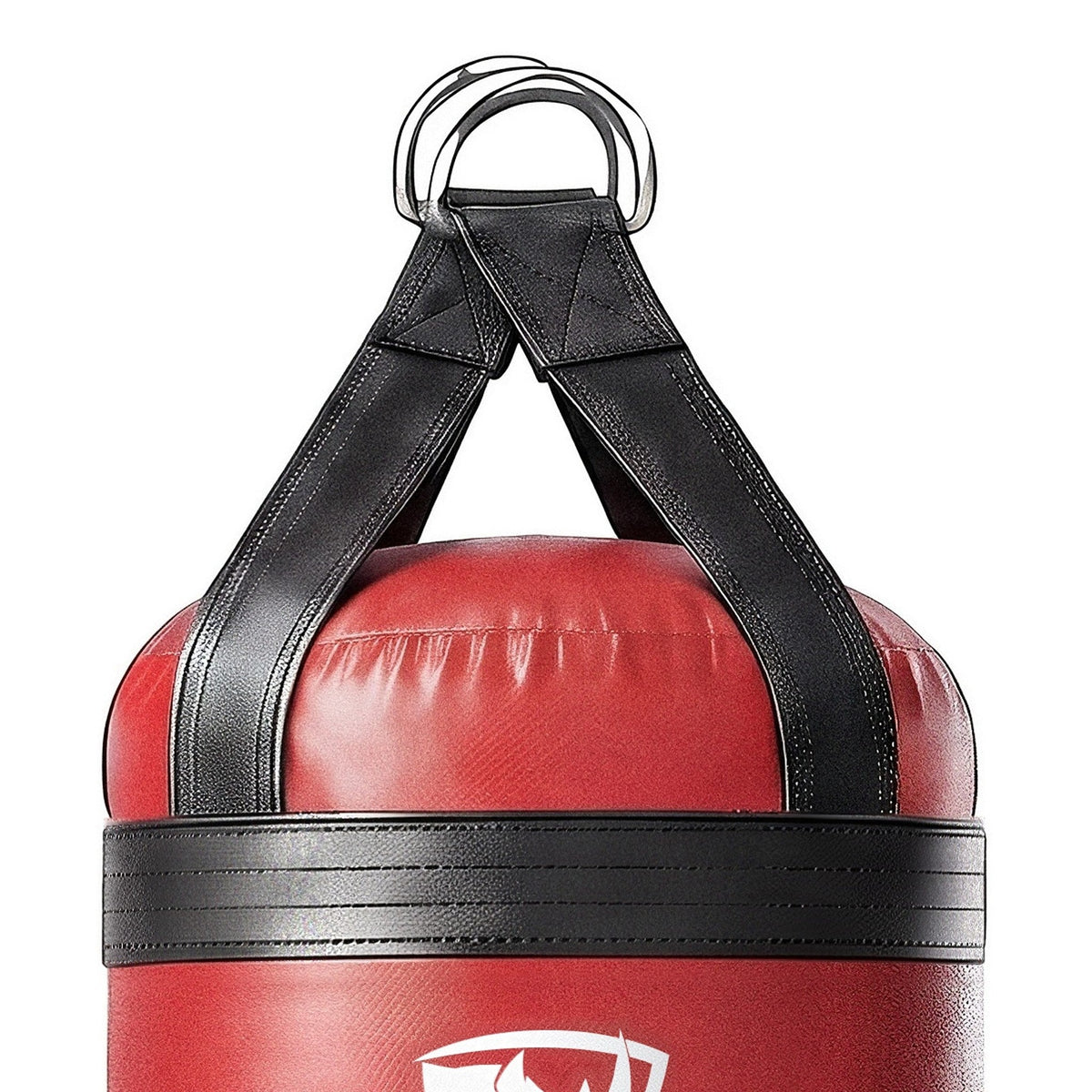 Close-up of the 5 ft XL 200 lb heavy bag: hanging straps box-X stitching and two heavy steel D-rings