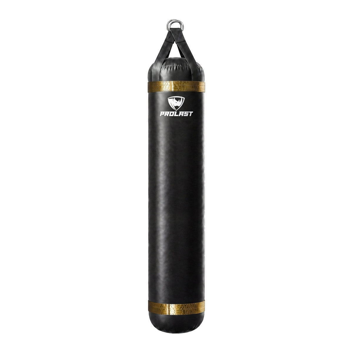 PROLAST 6 ft 150 lb stock heavy bag, black with gold alligator trims, front view with the PROLAST logo