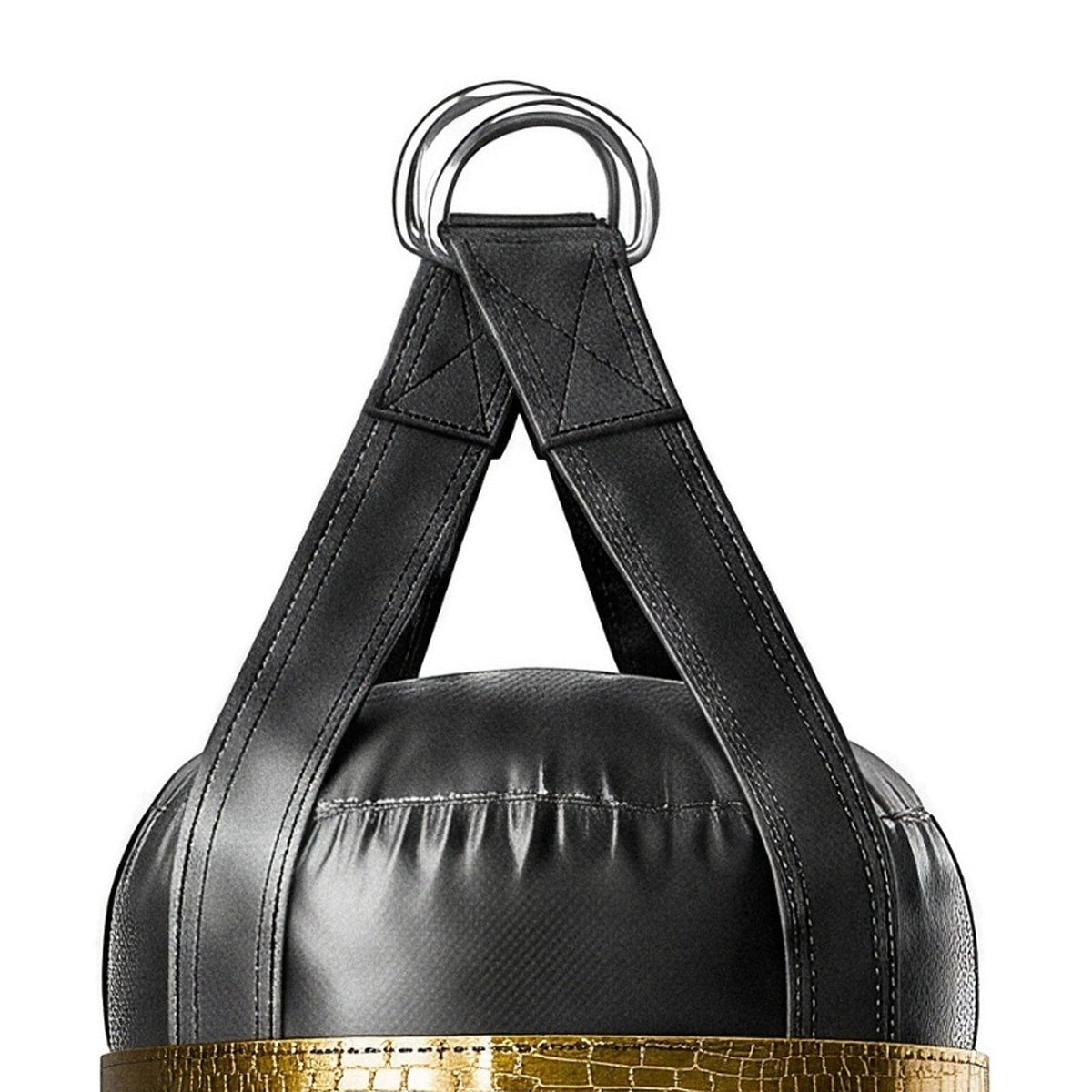 Close-up of the 6 ft 150 lb heavy bag: hanging straps box-X stitching and two heavy steel D-rings