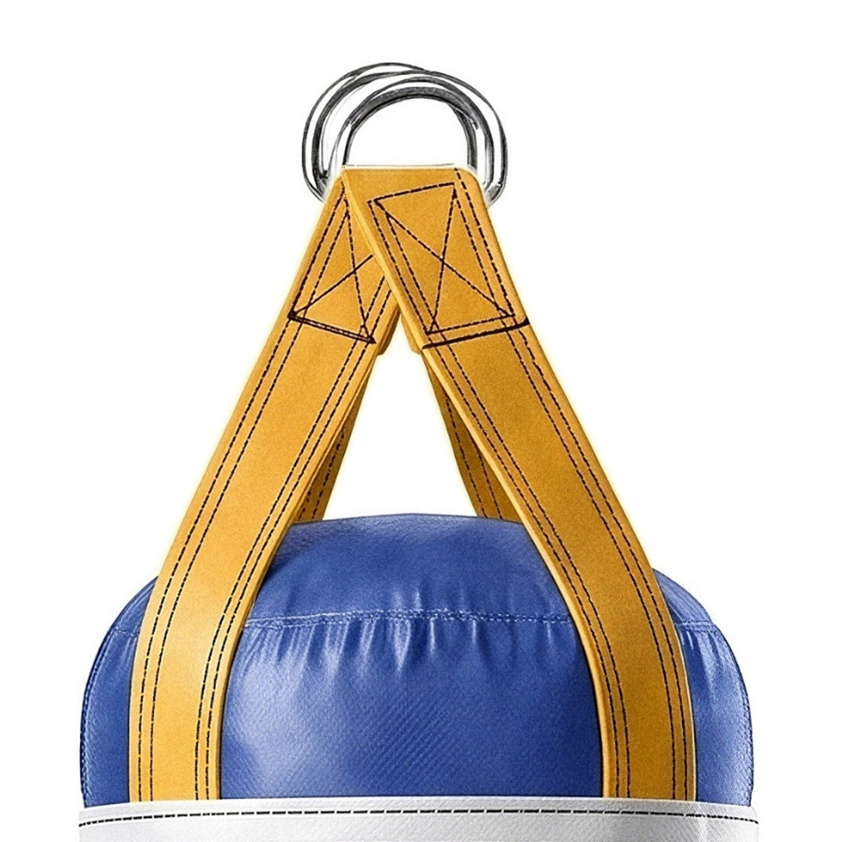 Close-up of the 6 ft 150 lb heavy bag: hanging straps box-X stitching and two heavy steel D-rings