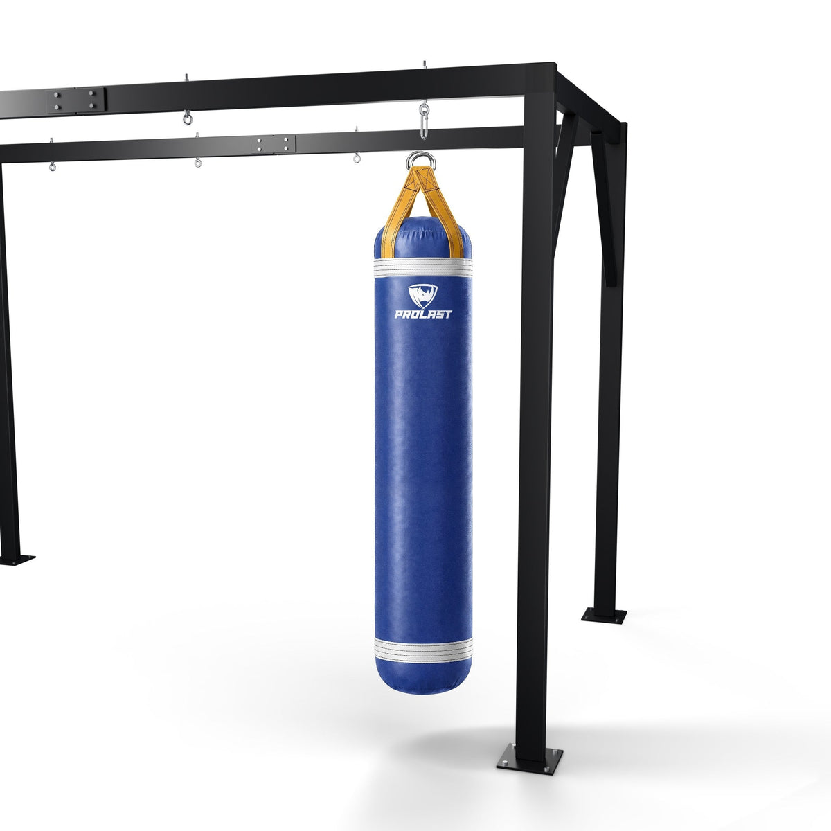 PROLAST 6 ft 150 lb stock heavy bag, royal blue with white trims and yellow straps, hanging from a PROLAST heavy bag frame on a steel snap hook through its D-rings (stand sold separately)