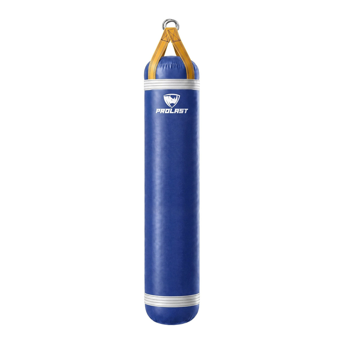 PROLAST 6 ft 150 lb stock heavy bag, royal blue with white trims and yellow straps, front view with the PROLAST logo