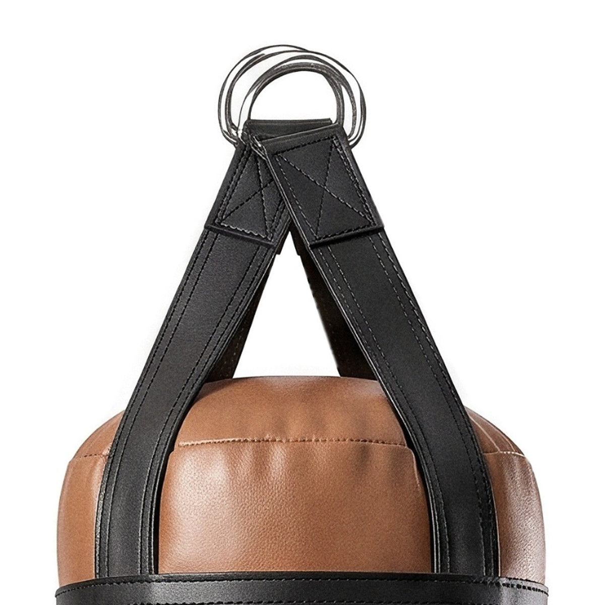 Close-up of the 6 ft 150 lb heavy bag: hanging straps box-X stitching and two heavy steel D-rings
