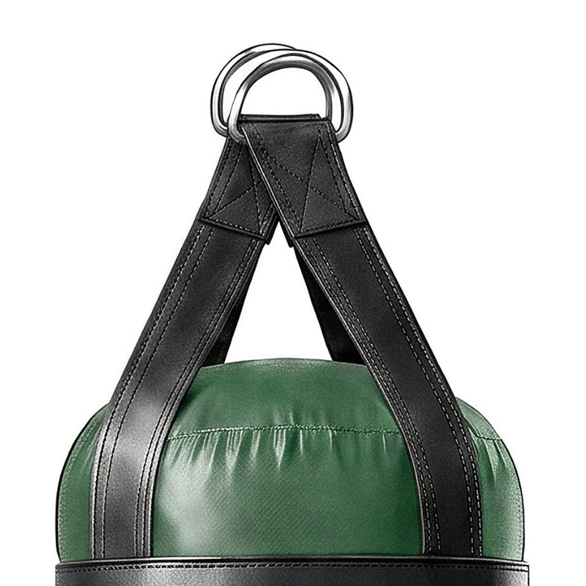 Close-up of the 6 ft 150 lb heavy bag: hanging straps box-X stitching and two heavy steel D-rings