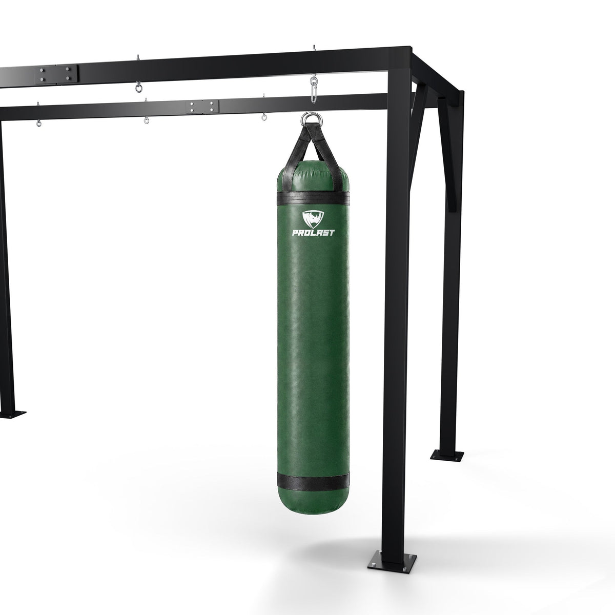 PROLAST 6 ft 150 lb stock heavy bag, green, hanging from a PROLAST heavy bag frame on a steel snap hook through its D-rings (stand sold separately)