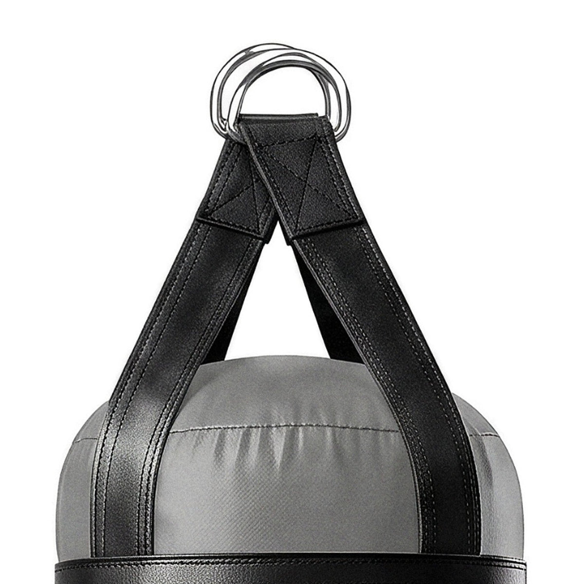 Close-up of the 6 ft 150 lb heavy bag: hanging straps box-X stitching and two heavy steel D-rings