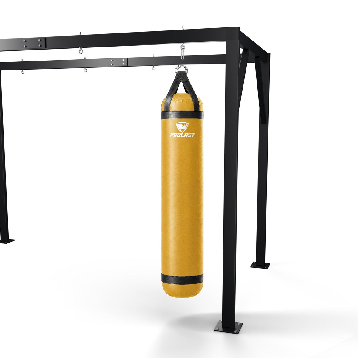 PROLAST 6 ft 150 lb stock heavy bag, yellow, hanging from a PROLAST heavy bag frame on a steel snap hook through its D-rings (stand sold separately)