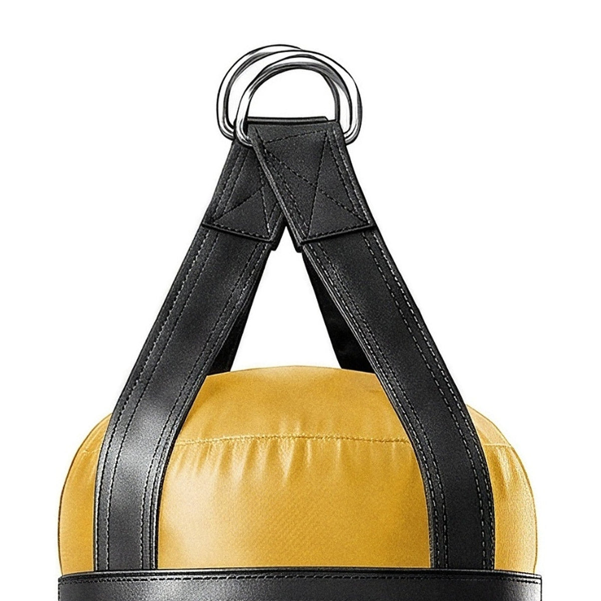 Close-up of the 6 ft 150 lb heavy bag: hanging straps box-X stitching and two heavy steel D-rings