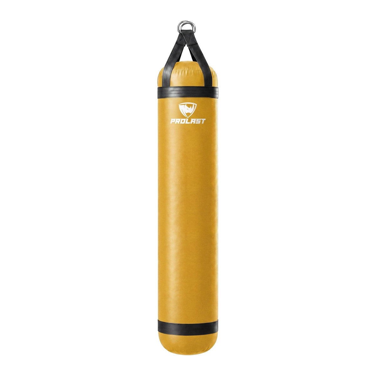 PROLAST 6 ft 150 lb stock heavy bag, yellow with black trims and straps, front view with the PROLAST logo