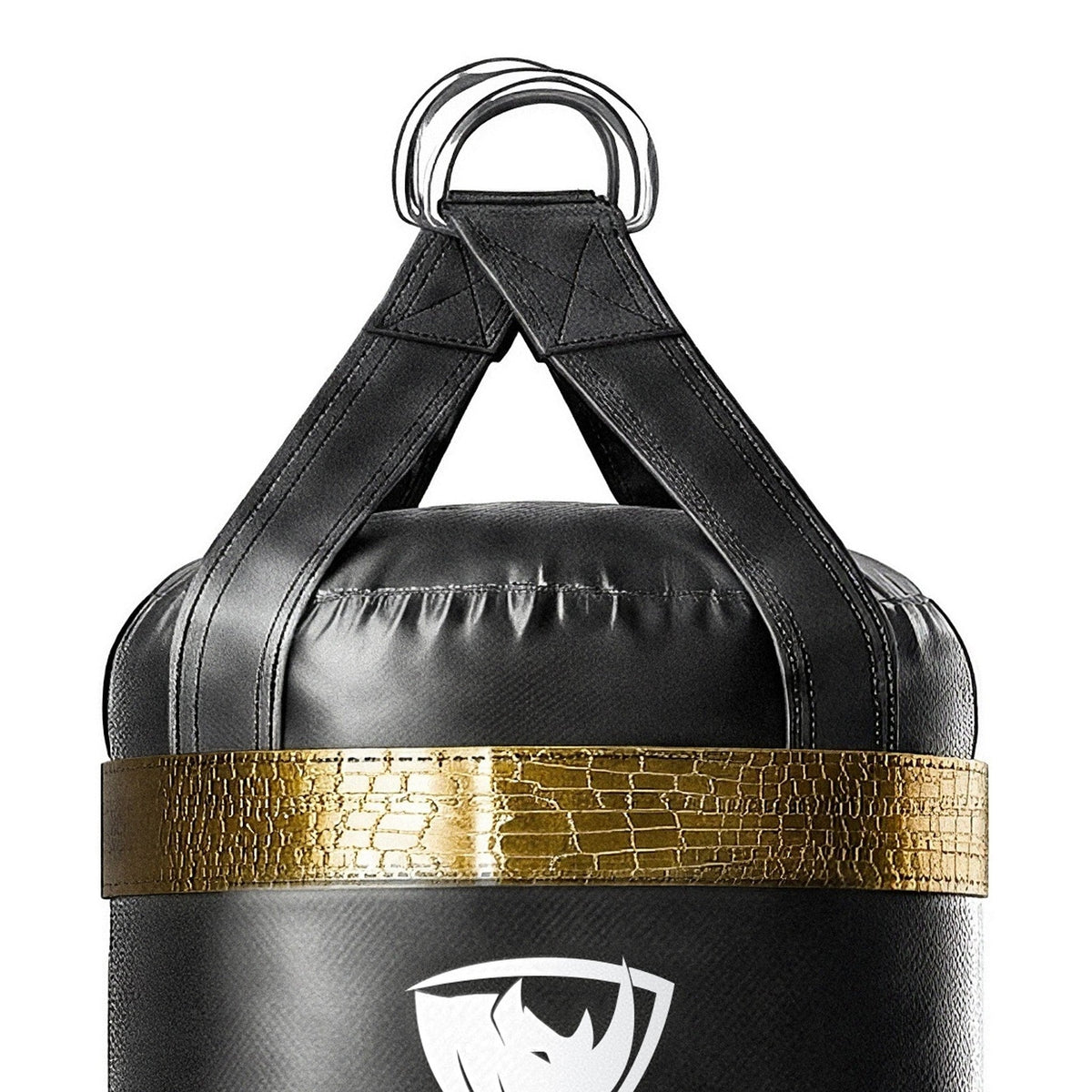 Close-up of the 6 ft XL 300 lb heavy bag: hanging straps box-X stitching and two heavy steel D-rings