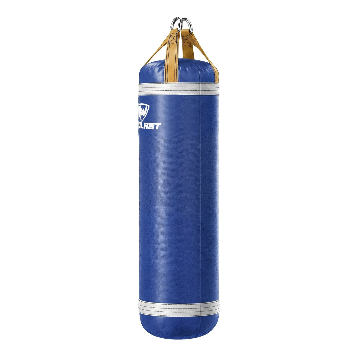 PROLAST 6 ft XL 300 lb stock heavy bag, royal blue with white trims and yellow straps, side view