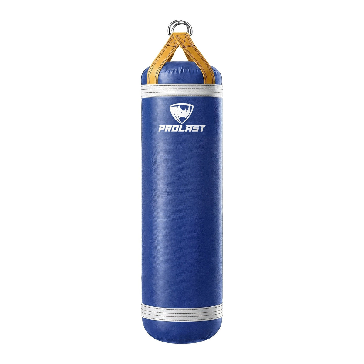 PROLAST 6 ft XL 300 lb stock heavy bag, royal blue with white trims and yellow straps, front view with the PROLAST logo