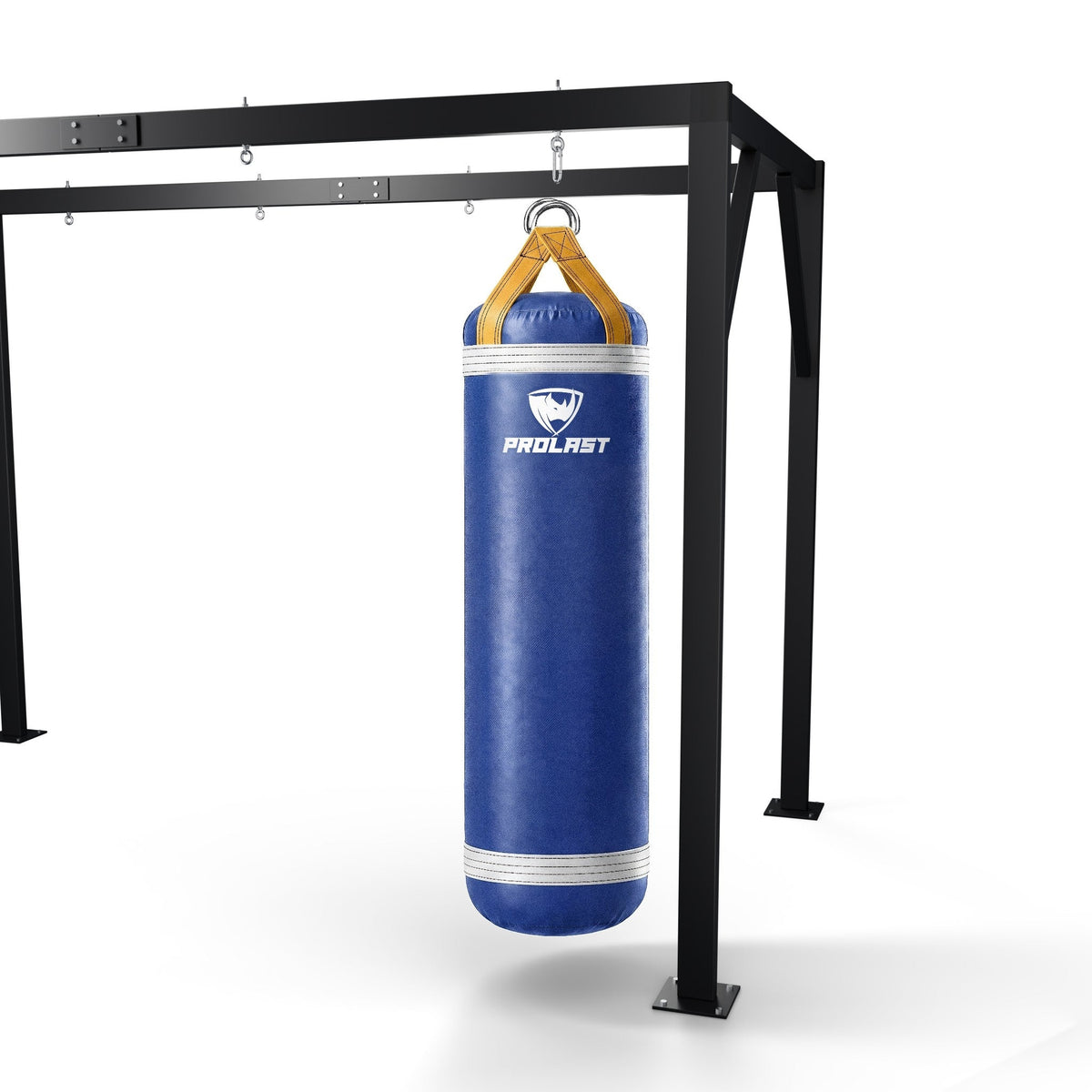 PROLAST 6 ft XL 300 lb stock heavy bag, royal blue with white trims and yellow straps, hanging from a PROLAST heavy bag frame on a steel snap hook through its D-rings (stand sold separately)