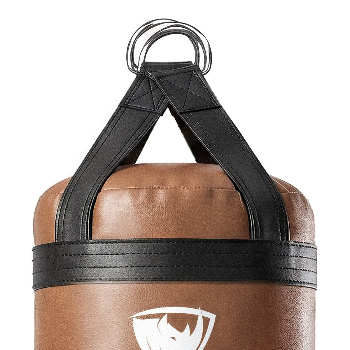 Close-up of the 6 ft XL 300 lb heavy bag: hanging straps box-X stitching and two heavy steel D-rings