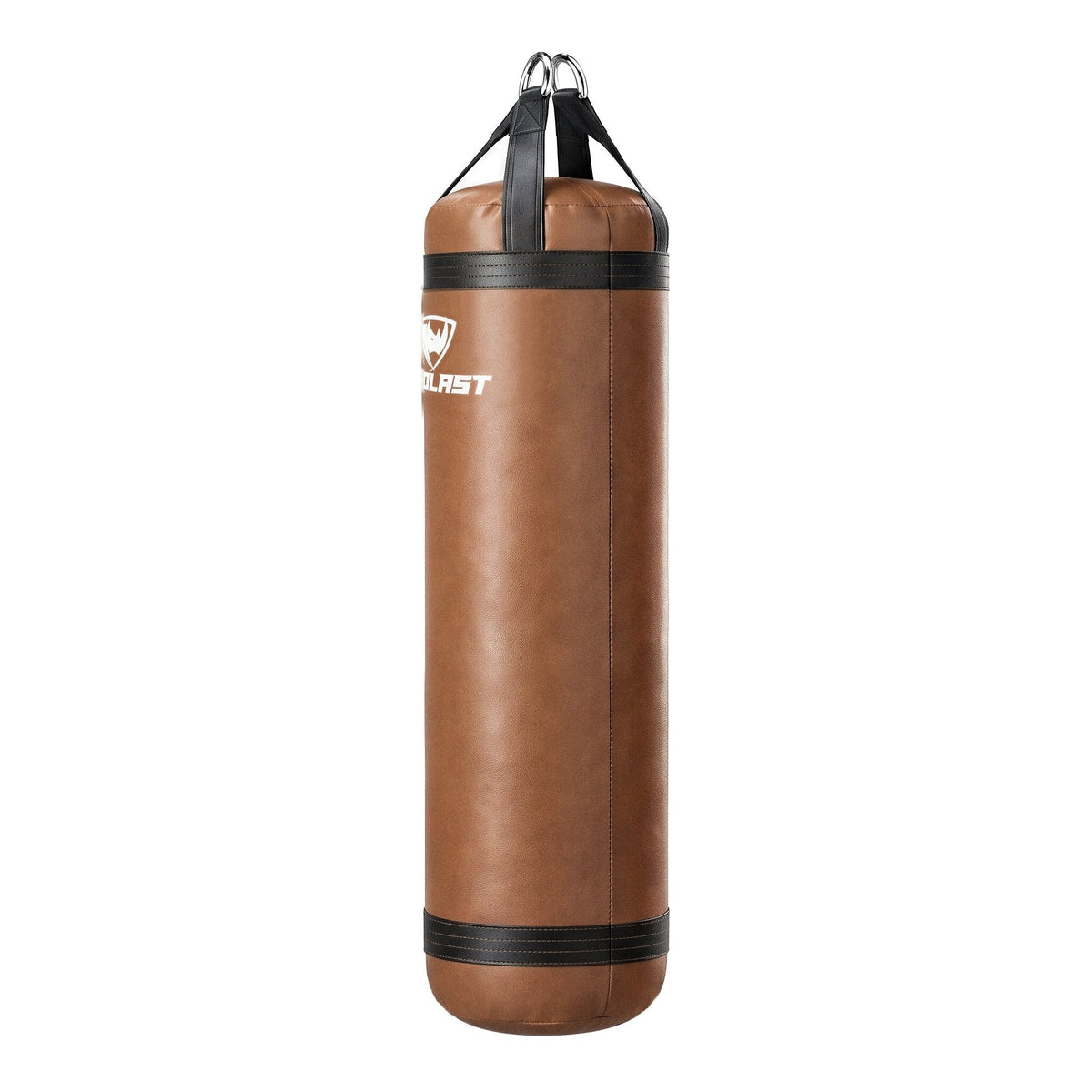 PROLAST 6 ft XL 300 lb stock heavy bag, brown with black trims and straps, side view