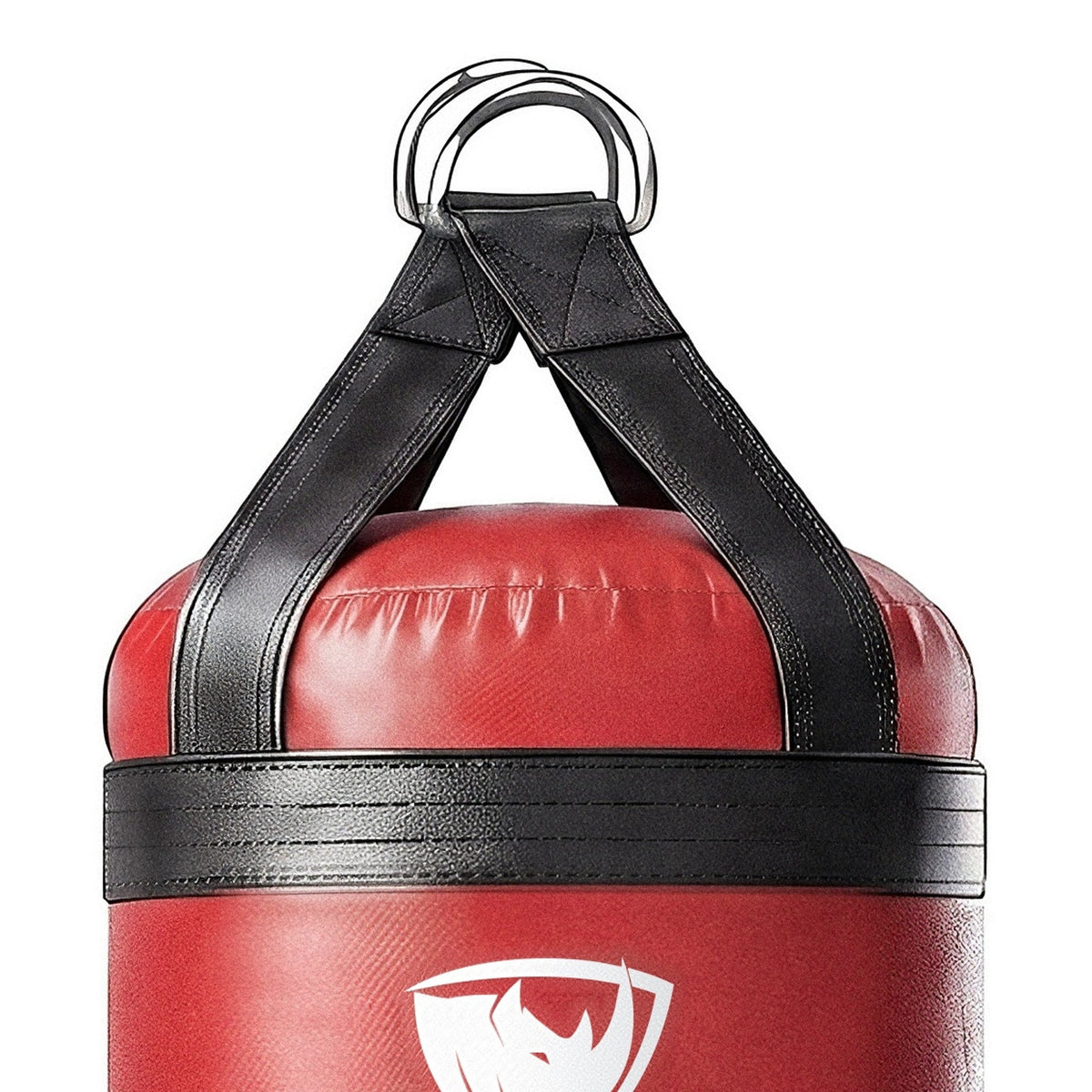 Close-up of the 6 ft XL 300 lb heavy bag: hanging straps box-X stitching and two heavy steel D-rings