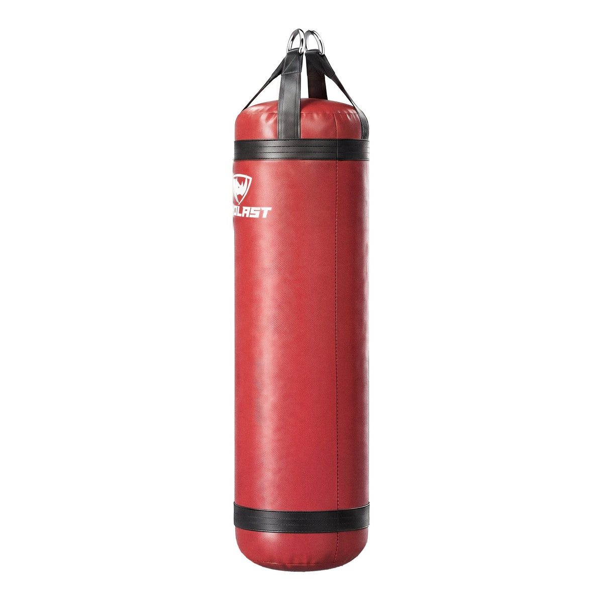 PROLAST 6 ft XL 300 lb stock heavy bag, red with black trims and straps, side view