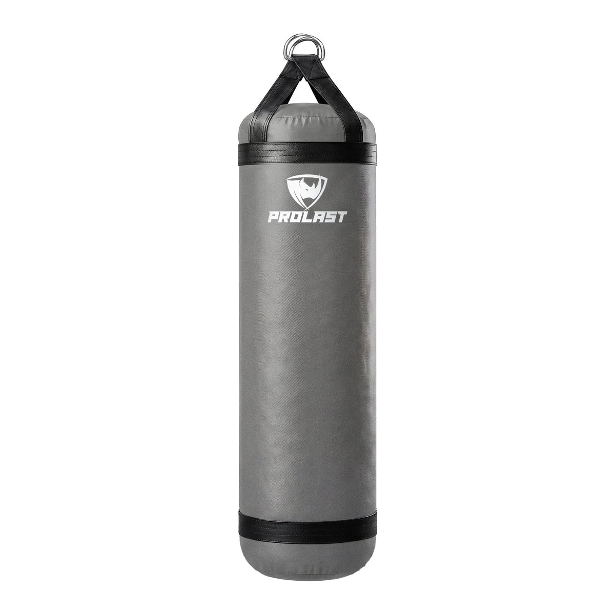 PROLAST 6 ft XL 300 lb stock heavy bag, smoke grey with black trims and straps, front view with the PROLAST logo