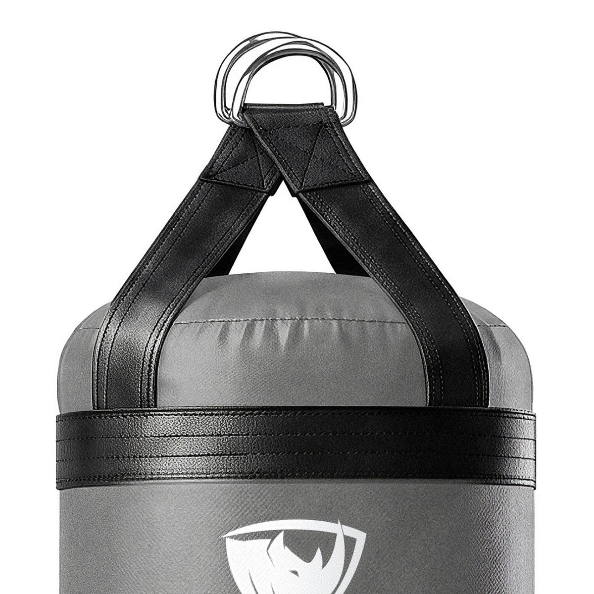 Close-up of the 6 ft XL 300 lb heavy bag: hanging straps box-X stitching and two heavy steel D-rings