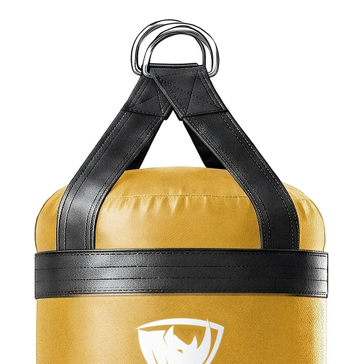 Close-up of the 6 ft XL 300 lb heavy bag: hanging straps box-X stitching and two heavy steel D-rings