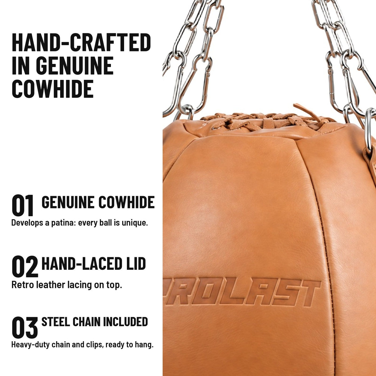 Hand-crafted in genuine cowhide: hand-laced leather lid, stainless steel chain and clips included