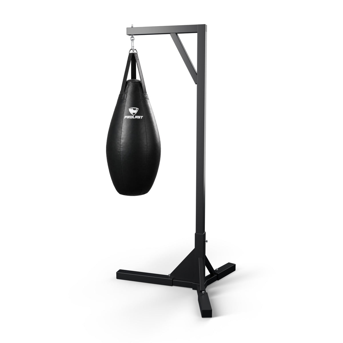 PROLAST all black teardrop heavy bag hanging from a PROLAST single bag stand on a steel snap hook (stand sold separately)