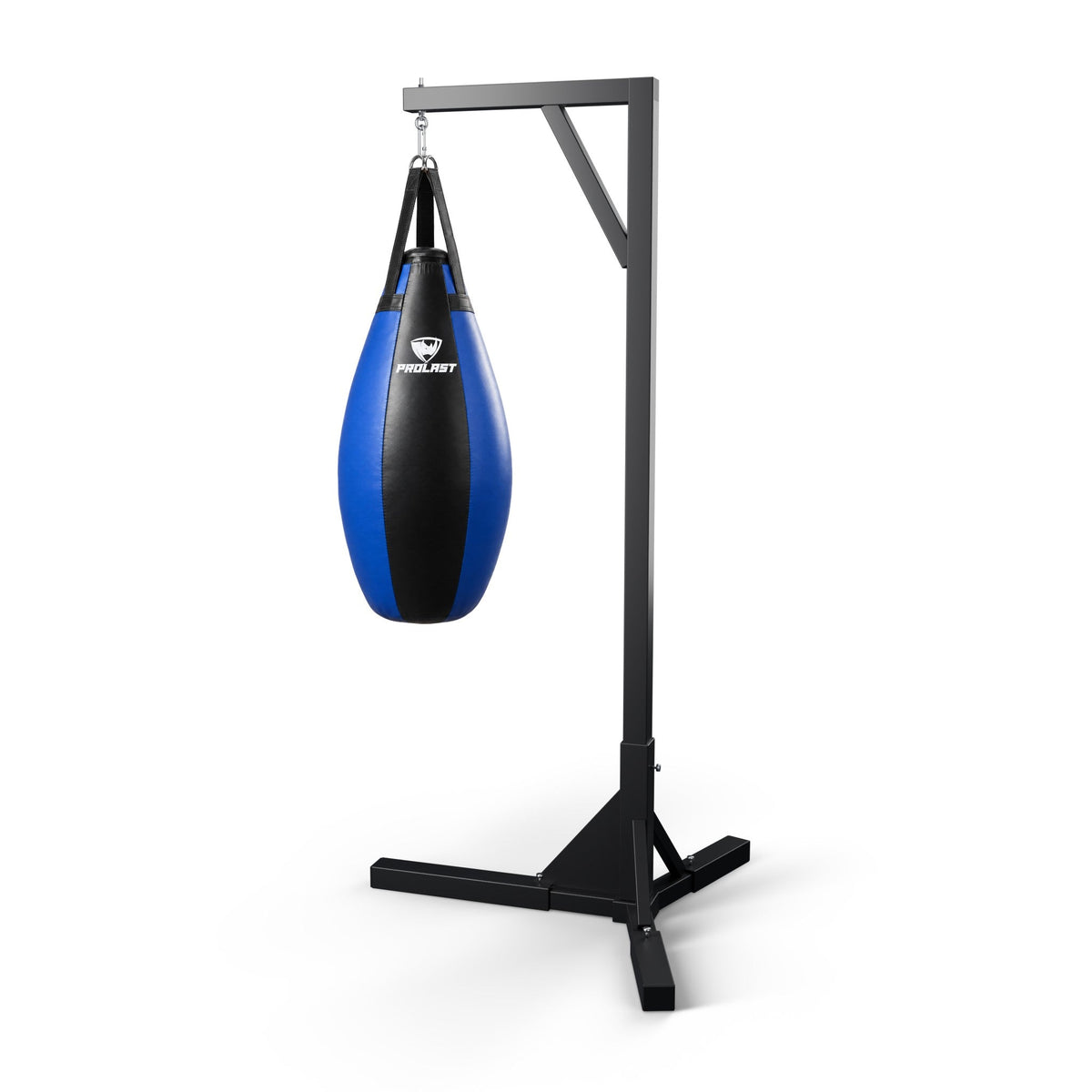 PROLAST black and blue teardrop heavy bag hanging from a PROLAST single bag stand on a steel snap hook (stand sold separately)