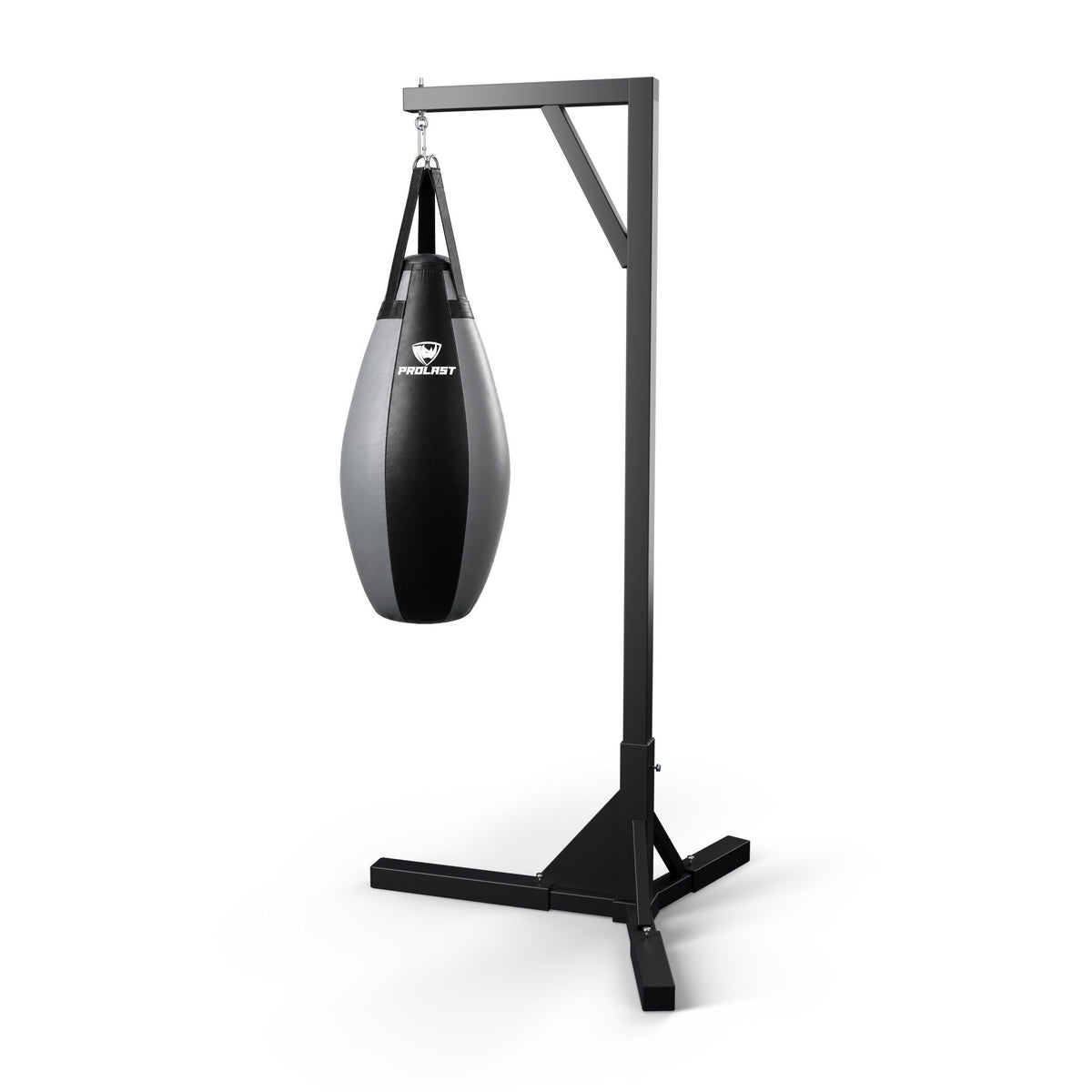 PROLAST black and gray teardrop heavy bag hanging from a PROLAST single bag stand on a steel snap hook (stand sold separately)