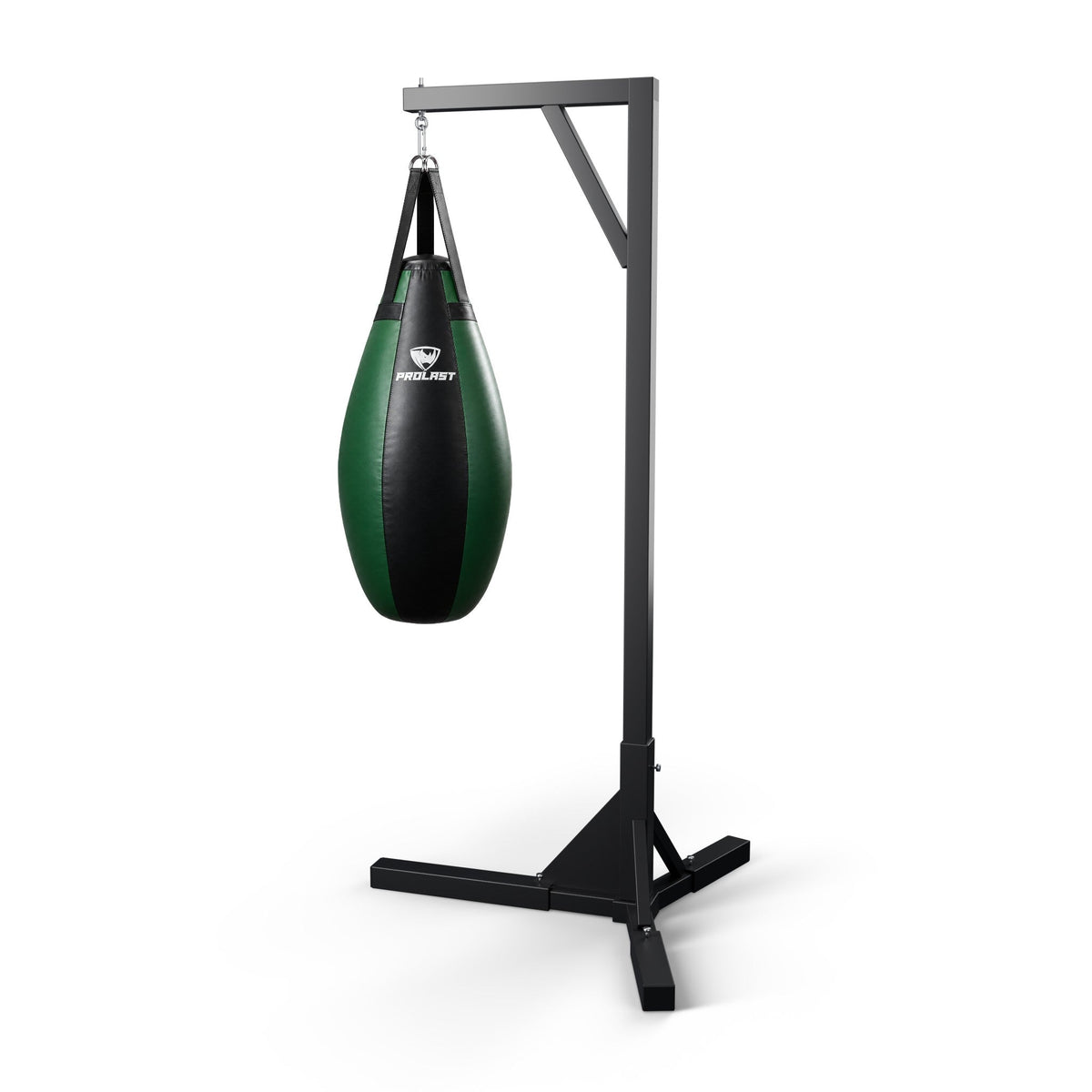 PROLAST black and green teardrop heavy bag hanging from a PROLAST single bag stand on a steel snap hook (stand sold separately)
