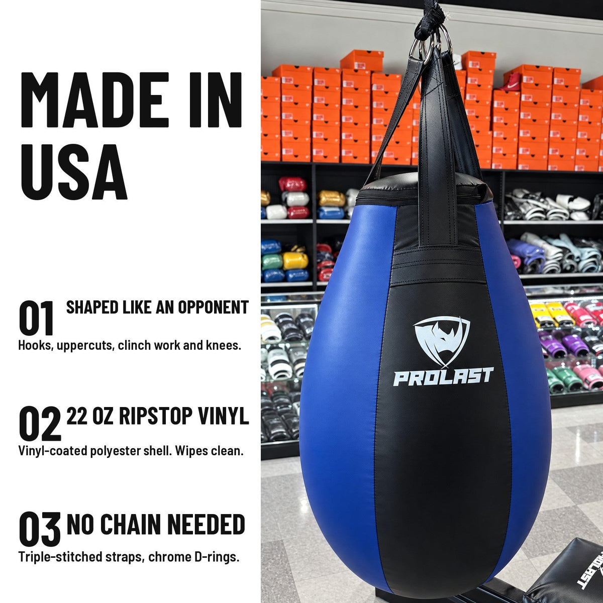 PROLAST teardrop heavy bag: made in USA, triple-stitched straps and heavy-duty D-rings, no chain needed