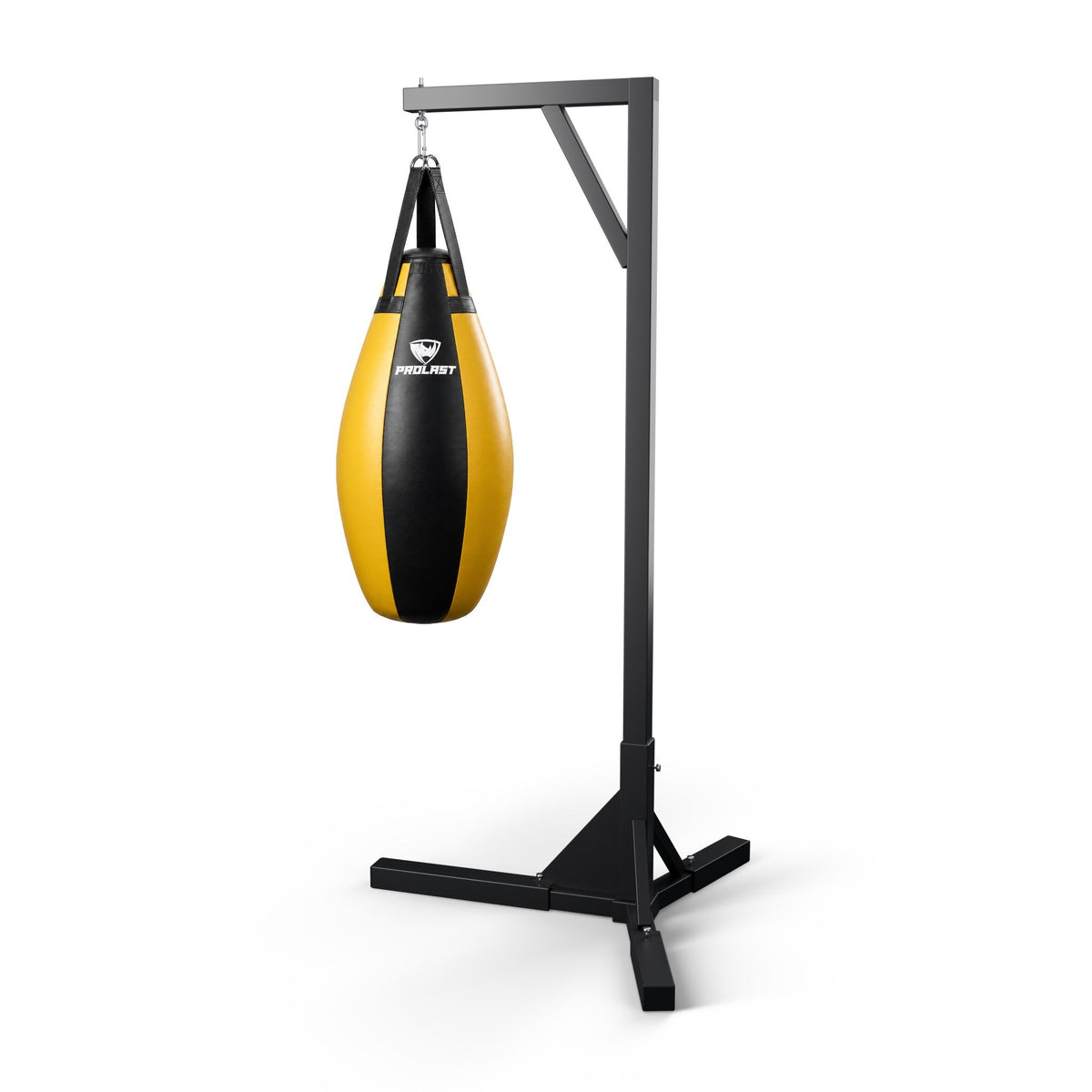 PROLAST black and yellow teardrop heavy bag hanging from a PROLAST single bag stand on a steel snap hook (stand sold separately)