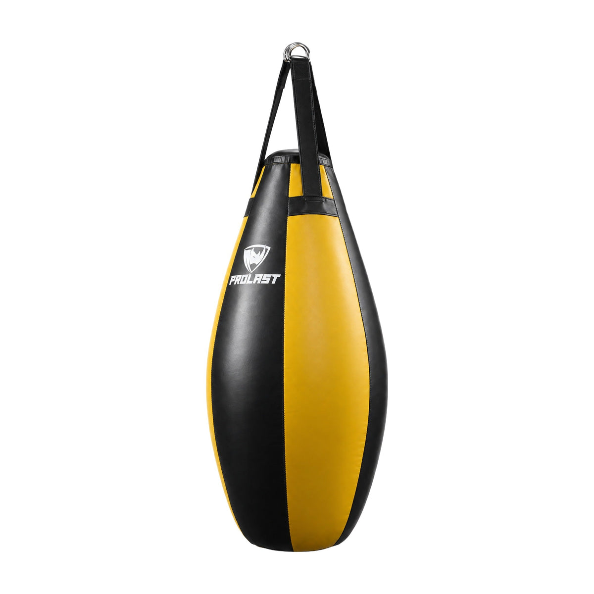 PROLAST black and yellow teardrop heavy bag turned to show a side panel