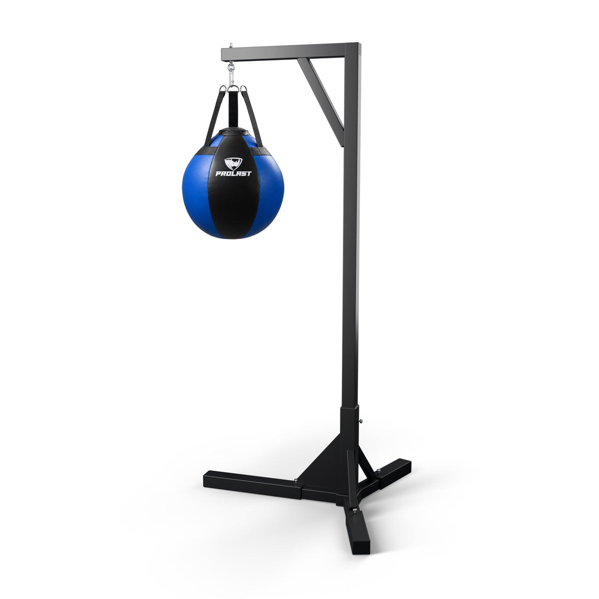 PROLAST black and blue wrecking ball heavy bag hanging from a PROLAST single bag stand on a steel snap hook (stand sold separately)